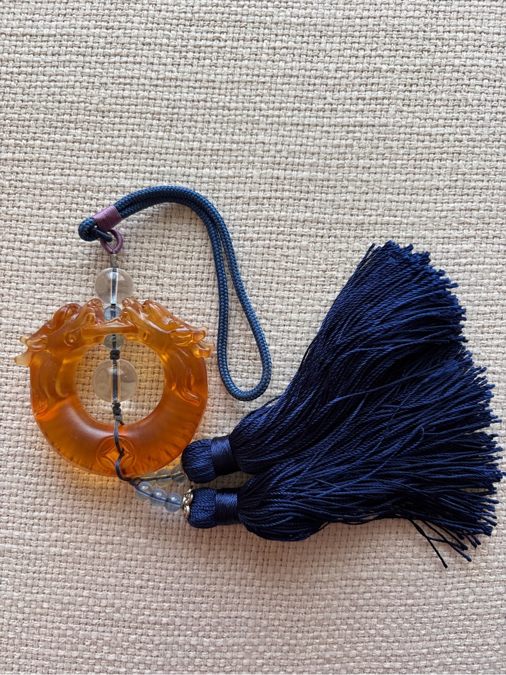 Liuli Art Glass Double-Dragon Pendant Ornament with Blue Tassel